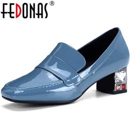 Female Genuine Leather Handmade Shoes For Women Shallow Round Toe Thick Heels Pumps Party Working Woman 210528