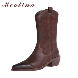 Meotina Genuine Leather Mid Heel Western Boots Women Pointed Toe Mid Calf Boots Zipper Block Heel Female Shoes Winter Brown 40 210608