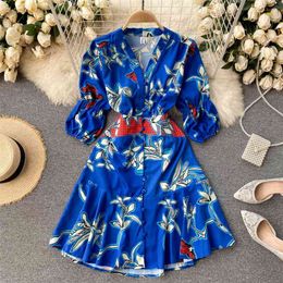 Women Fashion Retro Printing V-neck Half Sleeve High Waist Fishtail Dress Lady Single Breasted Elegant Vestidos R296 210527