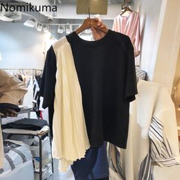 Nomikuma Graphic Tees Women Korean Irregular Pleated Ruffle Patchwork Tshirt Spring Summer Short Sleeve T Shirts 6G038 210427