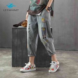6859 Fashion Korea Style Vintage Hole Girl Embroidery Ankle-length Denim Jeans Female Casual Loose Harem Pant Trousers Cloth 210629