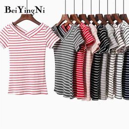 Knitted T-shirt Female V-neck Summer Short Sleeve Tshirt Women Vintage Plus Size Striped Tee Tops Woman Clothes 210506
