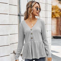 Casual Loose Women T-Shirt Sexy V-Neck Long Sleeve Button Ruffles Workout Female Tees Top W636 210526