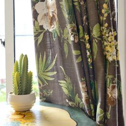 Curtain & Drapes Flower And Leaf American Country Dark Coffee Color Cotton Linen Semi-shading Living Room Bedroom Study Custom