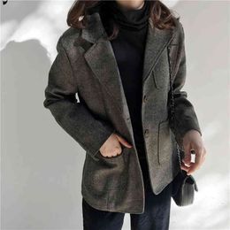 OL Vintage Elegant Blazers Women Office Suit Jacket Long Sleeve Winter Formal Work Wear Ladies Thick Woollen Coat 210421