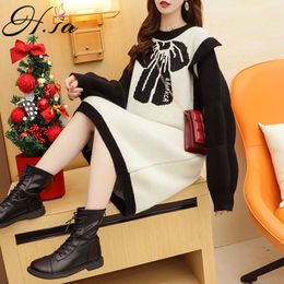 H.SA Women Long Bow Tie Loose Style Knee Length Knit Vestidos Black White Winter Dress Ruffles Sweater Pull Jumper 210417