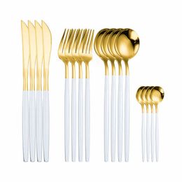 -Установите белые и золотые посуды набор из нержавеющей стали столовые приборы 16 штук вилка ложка ножа европейская посуда фарфора x0703