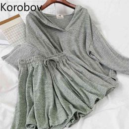 Korobov Korean Loose Casual Hooded Collar Long Sleeve Sets Vintage High Waist Elastics Shorts Women Two Pieces Outfits Suits 210430