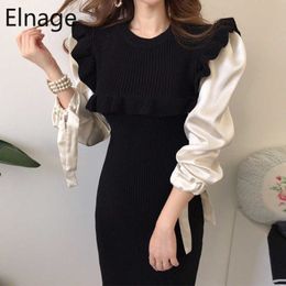 Women Fake Two Knitted Vintage Dress Spring Autumn O-neck Puff Sleeve Patchwork Slim Bodycon Lady Fashion Dresses Black Midi 210610