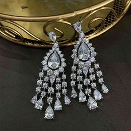 Luxury Real 925 Sterling Silver Full High Carbon Diamonds Tassel Drop Earrings For Women Charms Wedding Engagement Jewelry Gifts