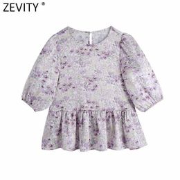 Zevity Women Sweet Floral Print Pleats Ruffles Chiffon Shirts Female Puff Sleeve Casual Slim Blouse Roupas Chic Tops LS9195 210603