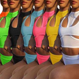 OMSJ Fashion Casual Street Style Bodycon Matching 2 Pcs Set Sleeveless Hollow Out Sports Mini Vest+Underpants Women Outfits 210517