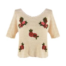 Women Embroidery 3D Floral Short Sleeve Knitted Top Summer B0392 210514