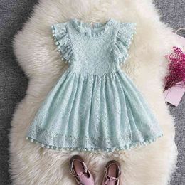 Fashion Girls Pom Lace Dress with Flutter Sleeve Children Lovely Toddler Summer Embroidery Clothing for Kids 210529
