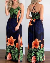 Summer Sexy Vacation Dress Women Elegant Dress Tropical Print High Slit Crisscross Backless Maxi Dress Y1006