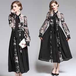 Summer Women Elegant Bow Collar Pink Rose Flower Embroidery Feather Vintage Mesh Patchwork Evening Party Long Dress 210514