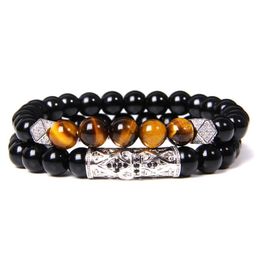 PCS / SET HOMBRES Pulseras Black Onyx Piedra Beads Tiger Eye Color Silver Color Tube Charm Brazalete para Homme Jewelry Fashion Gift Beaded, Strands