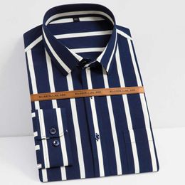 Men's Fashion Long Sleeve Silky Fabric Striped Shirts Single Patch Pocket Work Casual Standard-fit Easy Care Classic Dress Shirt P0812