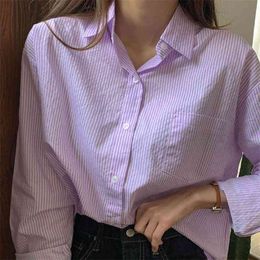 Women's Spring Autumn Blouse Korean Retro Striped Lapel Single-breasted Shirt Loose Versatile Casual Long-sleeved Tops LL393 210506