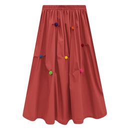 Brick Red Green Solid A-line Ruched Hairball Empire Puff Midi Skirt Casual Summer S0243 210514