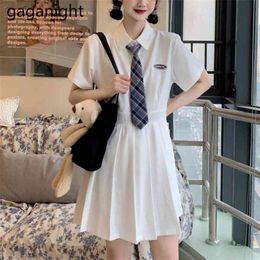 Preppy style Short Sleeve White Dress Summer Students Tie Up Pleated High Waist Casual Mini Women 210601