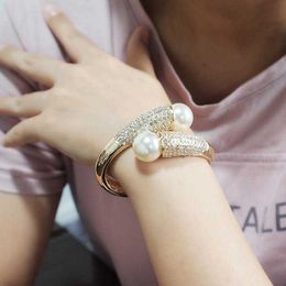 Manilai Golden Silver Colour Alloy Cuff Bracelets Charm Imitation Pearls Bracelets Bangles for Women Jewellery 2020 Accessories Q0717
