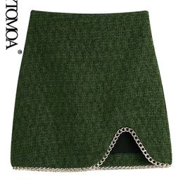 KPYTOMOA Women Chic Fashion With Chain Detail Front Slit Mini Skirt Vintage High Waist Back Zipper Female Skirts Mujer 220221