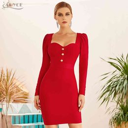 Autumn Red Long Sleeve Bodycon Bandage Dress Women Sexy Strapless Mini Club Celebrity Evening Runway Party 210423