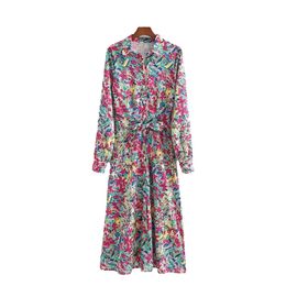 Casual Woman Colorful Print Sashes Long Shirt Dresses Spring Fashion Ladies Draped Female Elegant Vacation 210515