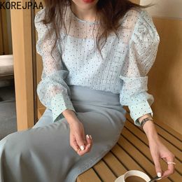 Korejpaa Women Dress Sets Elegant Office Women Wave Dot Bubble Sleeve Shirt with Slings and A-word Fishtail Set Long Skirt 210526