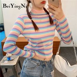 Beiyingni Spring Autumn Long Sleeve Knit Sweater Women Stripe Cute Hit Color Casual Pullover Tops Female Basic Ulzzang Jumper 211103