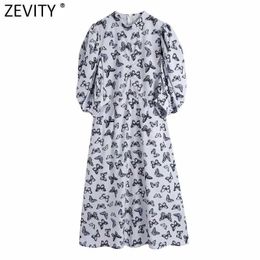 Zevity Women Vintage Casual A Line Midi Dress Office Lady Chic Pleat Puff Sleeve Brand Party Vestidos DS8224 210603