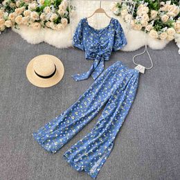 SINGREINY Women Autumn Bohemian Floral Set V Neck Puff Sleeve Short Top+Sexy Split High Waist Wide Leg Long Pants Two Pieces Set 210419