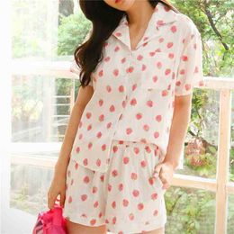 Summer Chic Short Sleeves Femme Students Printed Strawberries Casual Thin Stylish Women Loose Pyjamas Sets 210525