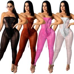 Woman Jumpsuit Sexy Solid Strapless Perspective Jumpsuit for Night Club Party Middle Waist Bandage Bodycon Jumpsuit Woman Summer 210712