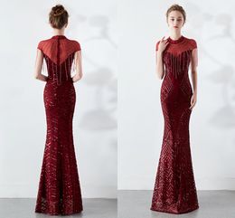 High Neck Mermaid Prom Formal Dresses Burgundy Sparkly Beaded Sequins Tassel robe de soirée de mariage Fishtail Evening Gown