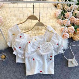 Summer vintage tops for women shirt 's sweet embroidered flower twisted short trendy and blouse 210420