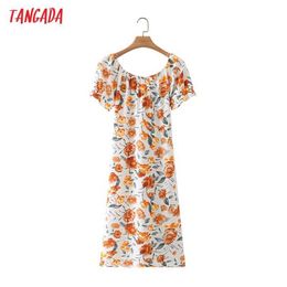 Tangada Summer Women Flowers Print French Style Dress Puff Short Sleeve Off Shoulder Ladies Midi Dress Vestidos DA182 210609