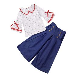 Girls Dot Top+Wide Jeans Outfits Fall 2021 Kids Boutique Clothing 0-4T Little Girls Long Sleeves 2 PC Set Stylish Chidren Clothes