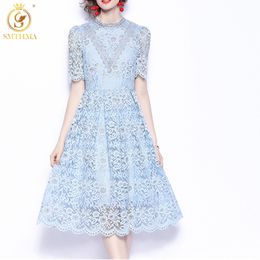 Fashion Runway Summer Dress Women's Short Sleeve Blue Lace Hollow Out Temperament Dresses Vestidos 210520