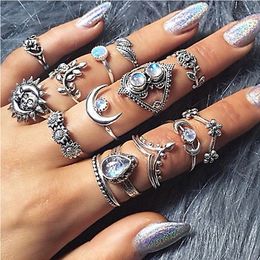 Bohemian Water Drop Flower Sunflower Moon Sun Ring Hollow Carved Crystal Ring Set Fashion New Jewelry for Women Gifts