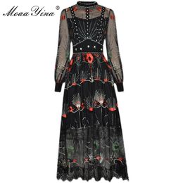 Fashion dress Spring Women's Dress Crystal Beaded Stand collar Long sleeve Mesh Embroidery Black Vintage Dresses 210524