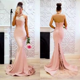 maid honor dresses lace neck Canada - Bridesmaid Dress High Neck Halter Mermaid Dresses 2021 Appliques Lace Satin Weddings Guests Formal Party Gown Long Maid Of Honor