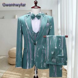 Gwenhwyfar New Men's Wear Print Eye-Catching Quality Party Blazer+Trousers+Vest Suit Male Leisure Slim Fit Groom Wedding Tuxedo X0909
