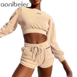 Autumn Winter Thick Corduroy Women Sets Detail Drop Shoulder Crop Sweatshirt and Shorts Casual Tracksuit Outfits 210604