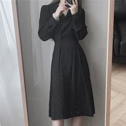 Autumn Style Korean Chic High Waist Suit Collar Skirt Is Thin Temperament Long Sleeve Solid Color Dress Women GX1270 210507