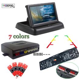 Car Rear View Cameras& Parking Sensors Video European License Plate Reverse Camera Monitor Step-Up Alarm Show Distance 4.3 Inch Foldable