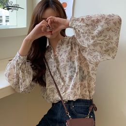 Korean Summer Floral V-neck Chiffon Shirts Women Office Loose Lantern Sleeve Cardigan Blouse Print Blusas 10116 210508