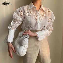 Lady Sexy See Through Long Sleeve Loose White Blouse Top High Quality Hollow Out Floral Embroidery Elegant Shirt Trend 13369 210521