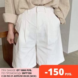 White Linen Shorts Wide Leg Summer Woman High Waist Streetwear 210421